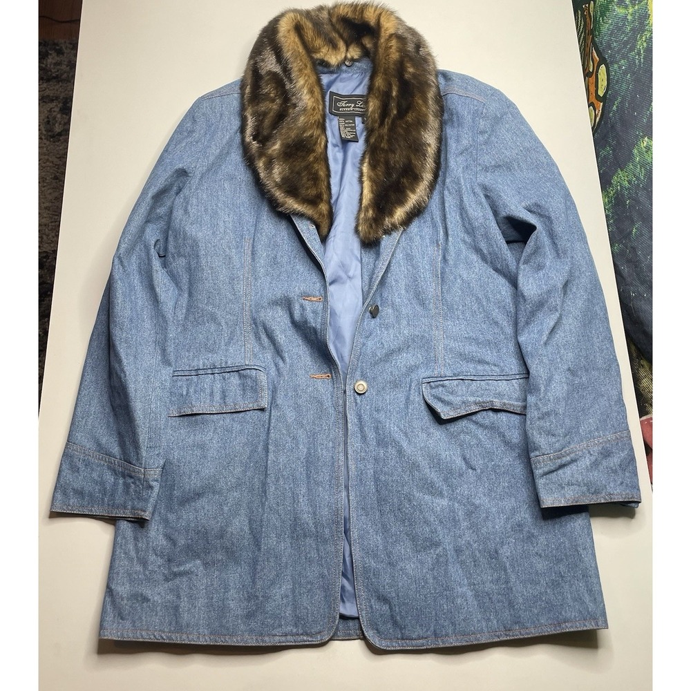 Terry Lewis Denim Coat Womens Medium Blue Faux Fur Trim Detachable Collar Jacket